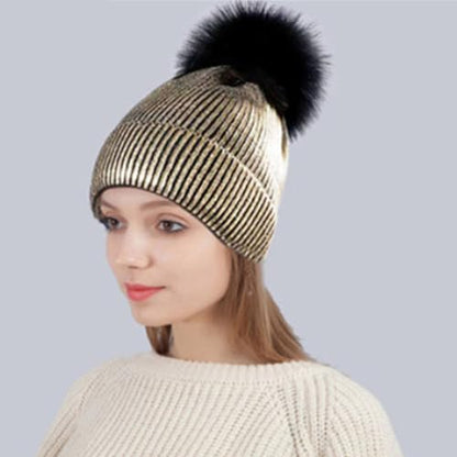 Metallic Winter Cable Knit Beanie Hat Cap Warm Soft Skull Caps with Furry Fur Pom Pom - color: Gold