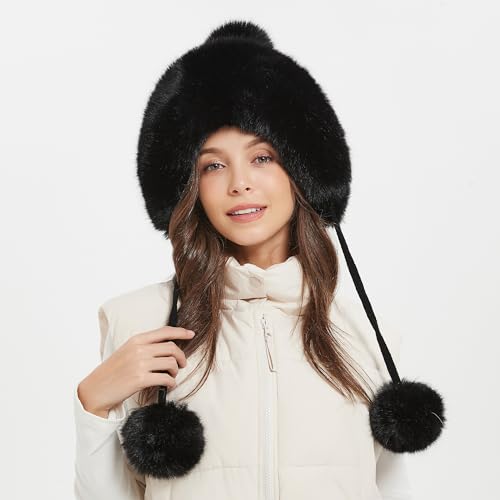 Winter Hats Cute Kint Hat Russian Fur Crochet Hat Slouchy Beanies with Pompom Warm Fuzzy Snow Cap Trapper Hat for Women - color: Black