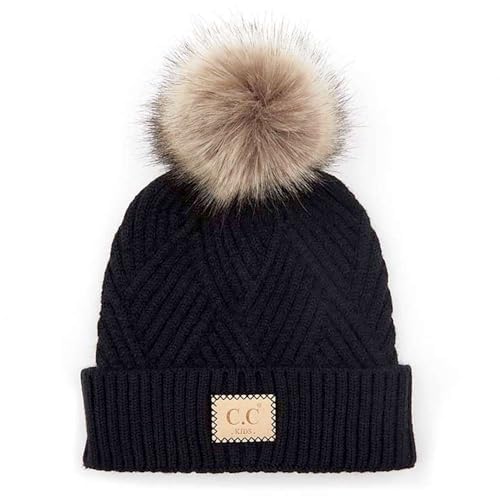 C.C Kids' Suede Patch Snuggly Soft Warm Knit Pom Cuff Beanie - color: Criss Cross Faux Fur, Black