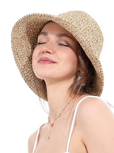 Womens Sun Hat Handmade Crochet Straw Bucket for Summer Foldable Travel Cap - color: Beige & Coffee