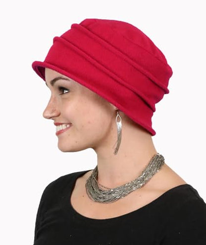 Fleece Flower Cloche Hat for Women Chemo Cancer Ladies Headwear 50+ UPF - color: Red