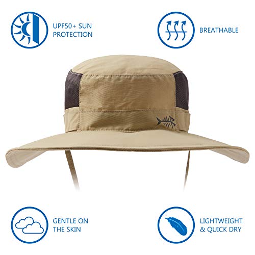 BASSDASH UPF 50+ Sun Fishing Hat Water Resistant with Detachable Neck Flap - color: Khaki