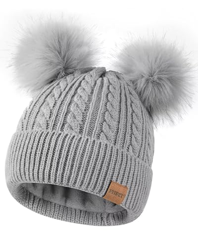 FISFET Beanies Women with Double Pom Pom, Winter Hats for Women Cold Weather Warm Knit Fleece Lined, Cute Beanie Cap - color: Light Grey