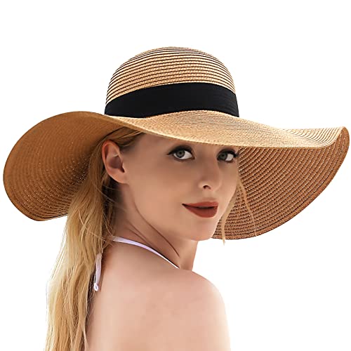 Beach Sun Straw Hats for Women, UPF 50+ UV Sun Protection Summer Straw Hat - color: B - Bege