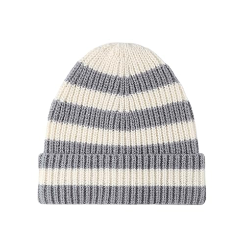 CORIRESHA Unisex Fashion Striped Beanie Cuffed Winter Warm Cozy Chunky Rib Knit Hat - color: Grey White