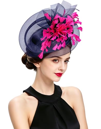 Z&X Sinamay Fascinator Hat Floral Feather Pillbox Derby Hats for Women Wedding Tea Party with Headband Clip - color: 003 Navy Blue