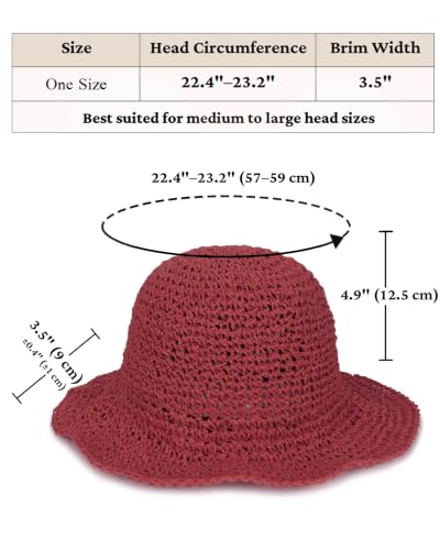 Womens Crochet Straw Sun Hat Foldable Floppy Wide Brim Beach Hat for Summer - color: Dark Red