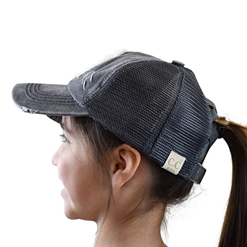 C.C. Childrens' Kids' Girls' Criss Cross High Bun Adjustable Mesh Trucker Baseball Cap - color: Bee Happy, Charcoal