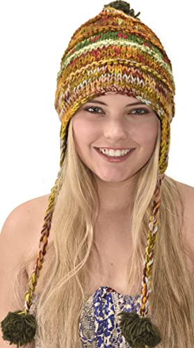 Hand Knitted 100% Merino Wool Ear Flap Snowboard Ski Chullo Peruvian Style Nepal Himalayan Sherpa Earflap Fleece Lined Winter Beanie Hat