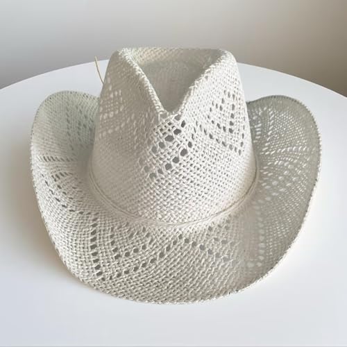 Straw Cowboy Cowgirl Hats for Women Men Shapeable Short Brim Beach Hat Western Sun Hats for Rodeo Country Party - color: White
