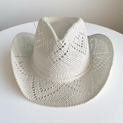 Straw Cowboy Cowgirl Hats for Women Men Shapeable Short Brim Beach Hat Western Sun Hats for Rodeo Country Party - color: White
