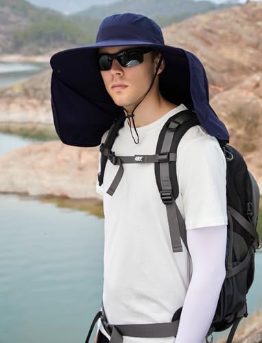 HUAMULAN Women Men Wide Brim Sun Hat Hiking Fishing Hats with Neck Flap - color: Navy With Mesh Panel