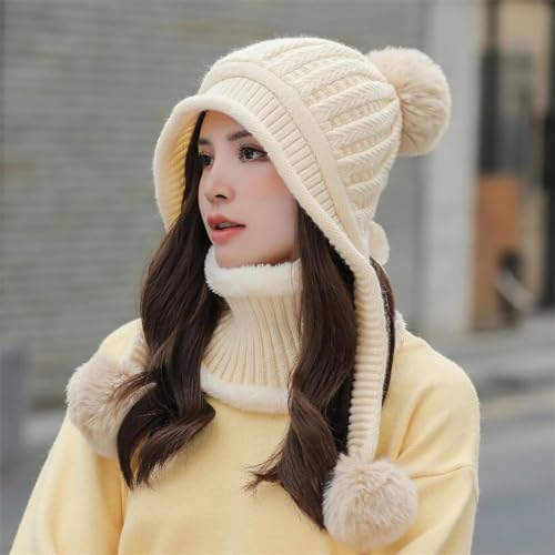 HUAMULAN Women Winter Knit Beanie Hat Circle Scarf Set Pompoms Ear Flaps - color: Beige Solid