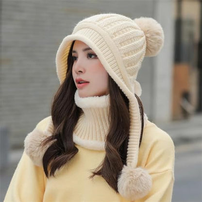 HUAMULAN Women Winter Knit Beanie Hat Circle Scarf Set Pompoms Ear Flaps - color: Beige Solid