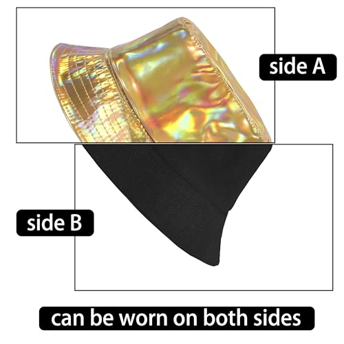 MILAKOO Rave Hologram Metallic Bucket Hat Reversible Cap Reflective Waterproof Rain Fisherman Hat - color: E: Gold