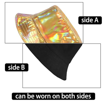 MILAKOO Rave Hologram Metallic Bucket Hat Reversible Cap Reflective Waterproof Rain Fisherman Hat - color: E: Gold