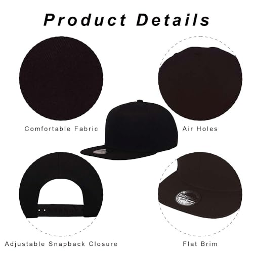 ZH Plain Flat Brim Snapback Baseball Caps Adjustable Blank Baseball Caps Wholesale 12 Pack - color: Black