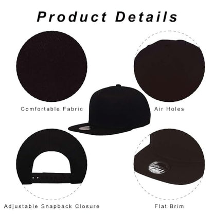 ZH Plain Flat Brim Snapback Baseball Caps Adjustable Blank Baseball Caps Wholesale 12 Pack - color: Black