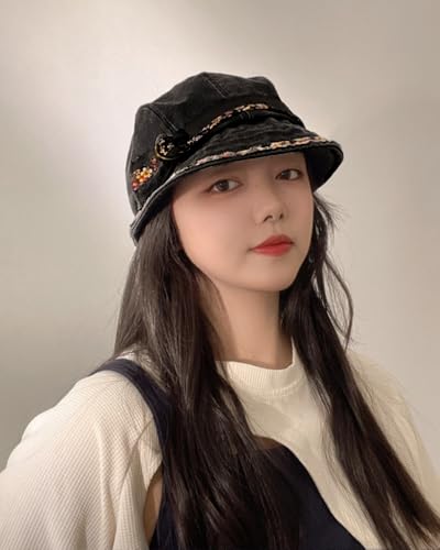 Women Denim Bucket Hat Brim with Floral Foldable Versatile Cap - color: Black