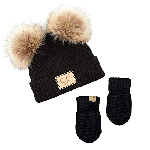 Funky Junque Baby Double Faux Fur Pom Pom Beanie & Mittens Set – Newborn Infant 0–9 Months Winter Hat with Soft Lined Mittens - color: Diagonal Basketweave: Black (0-9 Months)