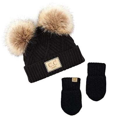 Funky Junque Baby Double Faux Fur Pom Pom Beanie & Mittens Set – Newborn Infant 0–9 Months Winter Hat with Soft Lined Mittens - color: Diagonal Basketweave: Black (0-9 Months)