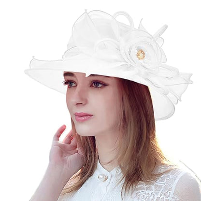 Women's Organza Derby Fascinator Hat Cloche Bowler Hat Cocktail Tea Party Wedding Sun Hat - color: B2-white