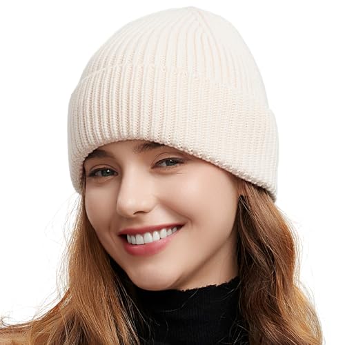 vidsel 50% Wool Thick Beanie Hat Men Women, Seamless Cuffed Winter Knit Cap - color: 1pcs Beige