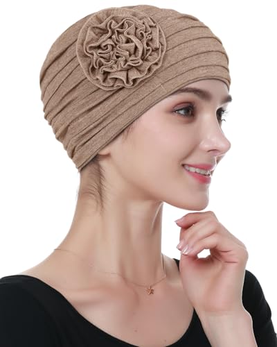Alnorm Flower Design Chemo Hair Loss Caps Cancer Headwear for Women - color: Light Hemp Camel