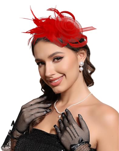 Fascinators Hats for Women Tea Party Headband Cocktail Wedding Headwear Headband for Women and Girls - color: Red