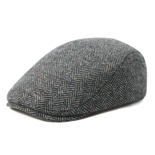 FEINION Men Wool Blend Flat Cap Tweed Newsboy Ivy Hat - color: Flecked Grey