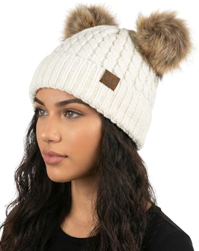 Funky Junque Women’s Double Pom Pom Beanie – Soft Knit Winter Hat for Women & Teens, Warm Cuffed Beanie with Faux Fur Poms - color: Ivory/Natural Faux Fur, size: Small-X-Large