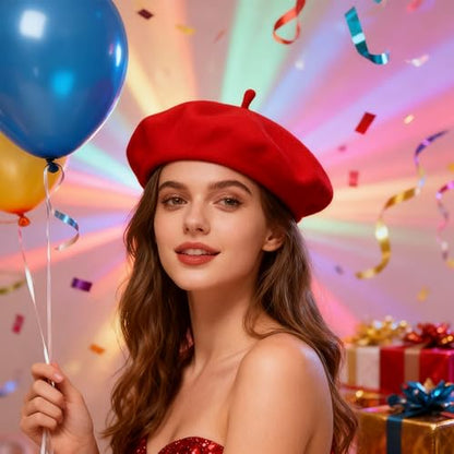 Women Beret Classic French Hat - Elegent Black Wool Beret for Party Romantic French Themed Fancy Dress(Size:S/M) - color: Red