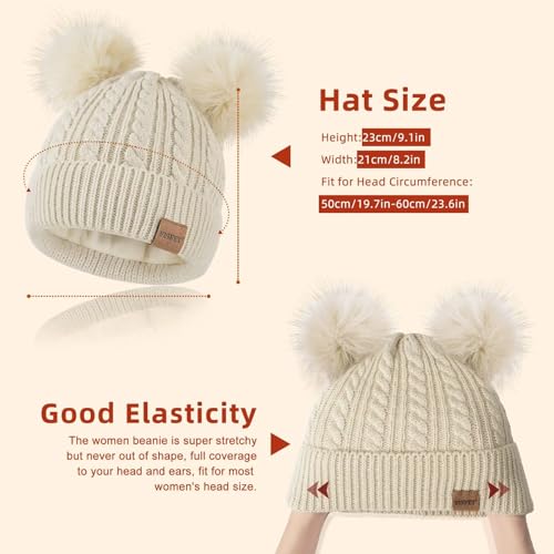 FISFET Beanies Women with Double Pom Pom, Winter Hats for Women Cold Weather Warm Knit Fleece Lined, Cute Beanie Cap - color: Navy