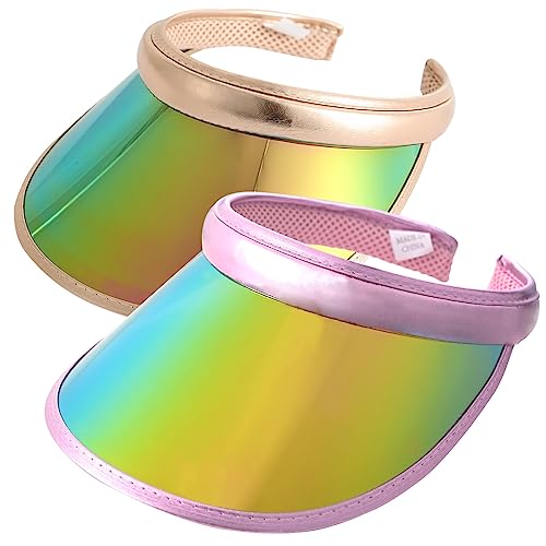 2 Pack Sun Visor Hats Women Men Clip-on Iridescent Clear Sport Outdoor Cap - color: 2pack, Gold Pink