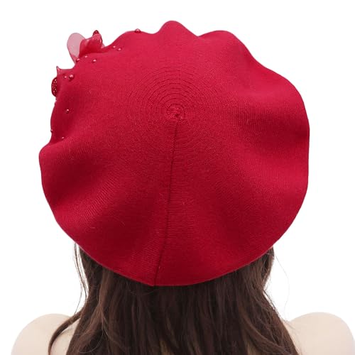 ZLYC Women French Beret Hat Reversible Solid Color Mosaic Warm Artist Cap - color: Butterfly Red