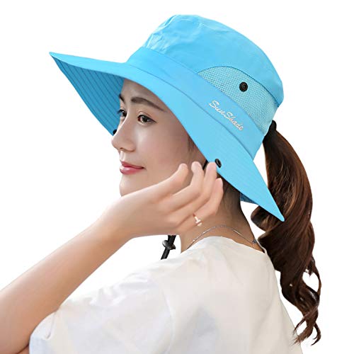 Muryobao Women's Ponytail Sun Hat UV Protection Foldable Mesh Wide Brim Beach Fishing Hat - color: Pure Sky Blue