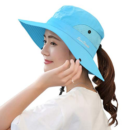 Muryobao Women's Ponytail Sun Hat UV Protection Foldable Mesh Wide Brim Beach Fishing Hat - color: Pure Sky Blue