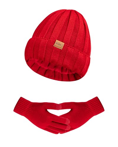 Womens Winter Beanie Warm Hat Touchscreen Gloves Set with Fleece Lined Skull Caps Gifts for Women Men - color: Red