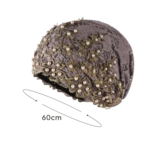 haozaikeji Women Flower Turban Hat Rhinestones Muslim Islamic Head Wrap African Pearl Turban Soft Stretchy Head Cover - color: Light-purple