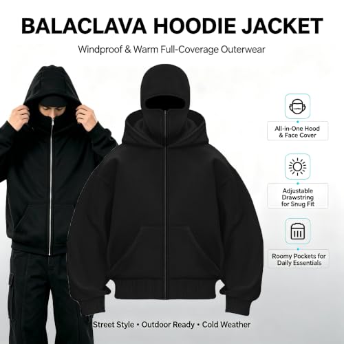 EUDOLAH Balaclava Jacket Zip Up Fashion Double Layer Hoodie Hip Hop Outerwear Jacket Y2K Clothing for Men and Women - color: Black, size: Large