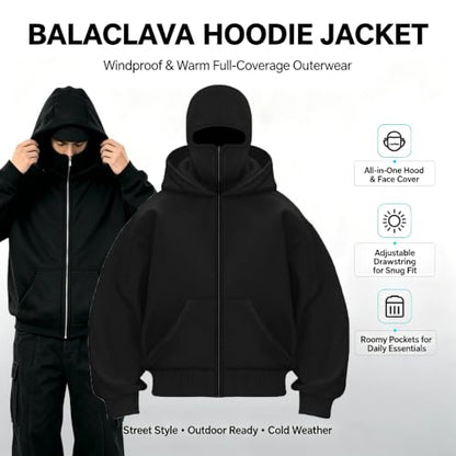 EUDOLAH Balaclava Jacket Zip Up Fashion Double Layer Hoodie Hip Hop Outerwear Jacket Y2K Clothing for Men and Women - color: Black, size: Large