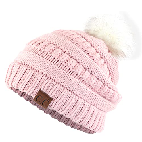 C.C Fur Pom Winter Fall Trendy Chunky Stretchy Cable Knit Beanie Hat - color: Snuggly Soft Rose/Ivory
