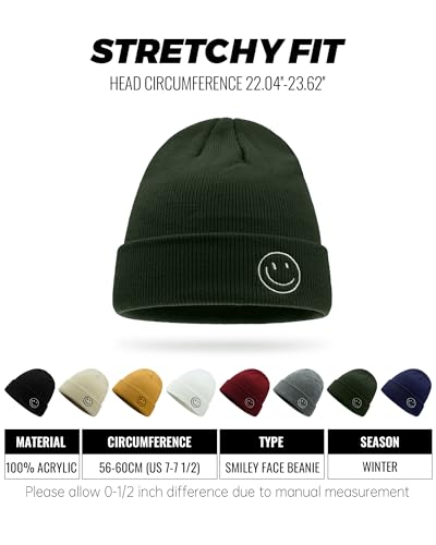 CLAPE Beanie Hat for Men, Cute Embroidery Smiley Face Winter Hat Women Outdoor Ski Snowboarding Knit Cuffed Fisherman Beanie - color: Kh27-beige