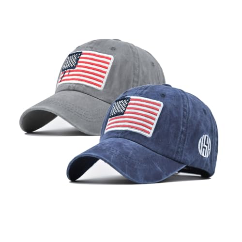 2-Pack USA Flag Hats for Men Baseball American Flag Hats for Men USA Cap USA Tactical Washed for Women - color: Grey+nany