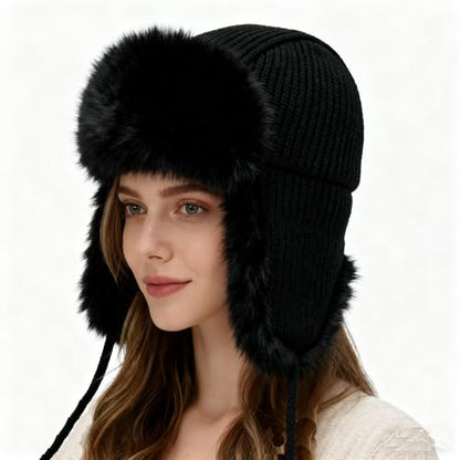 Winter Fuzzy Knit Trapper Hat with Faux Fur Earflap Fleece Lined Windproof Russian Ushanka Cap Ski Snow Hunting Hat - color: Black