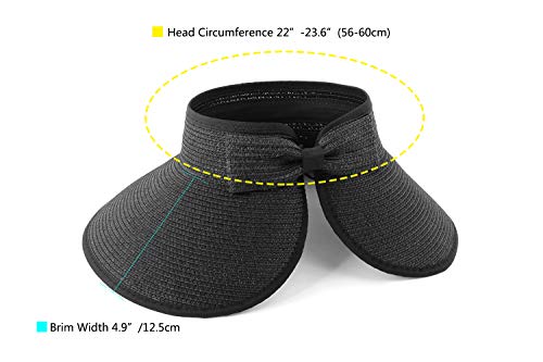 Women Sun Visors Foldable Straw Hats Summer Beach Packable Hat Floppy Wide Brim Cap Deep Style, Adjustable Size - color: Black 3