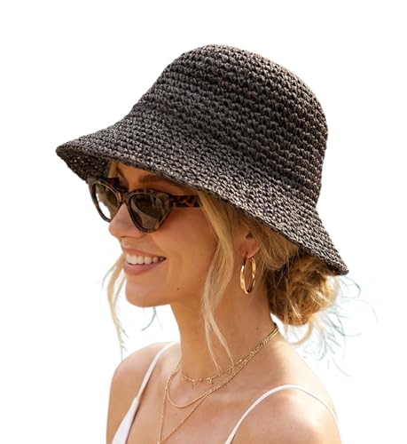 Women Straw Sun Hat Packable Foldable Floppy Wide Brim Beach Bucket Hat UV Protection Travel Vacation Accessories - color: Black