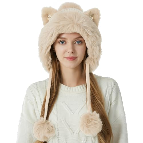 HUAMULAN Women Winter Sherpa Knit Beanie Hat Fleece Lined Ear Flaps - color: Beige Solid