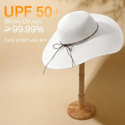 Women's Sun Straw Hat Wide Brim Floppy Foldable Hats Beach Travel Summer Vacation Hat UPF 50+ - color: White