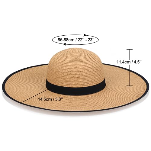 Women Wide Brim Sun Hat UPF50 Straw Summer Hat Floppy Beach Hat Roll-Up - color: Khaki